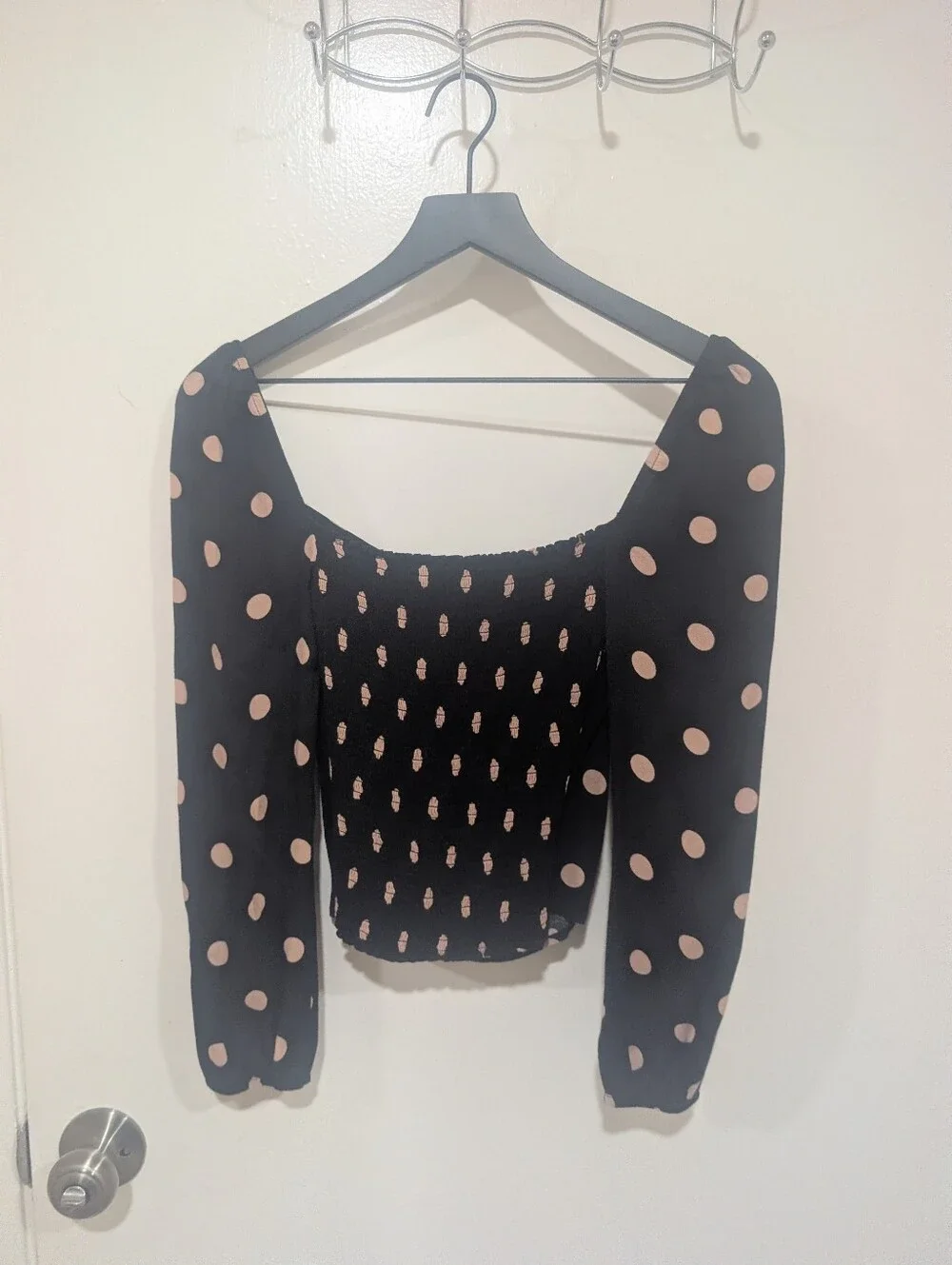 Reformation Black And Pink Polka Dot Smocked Top